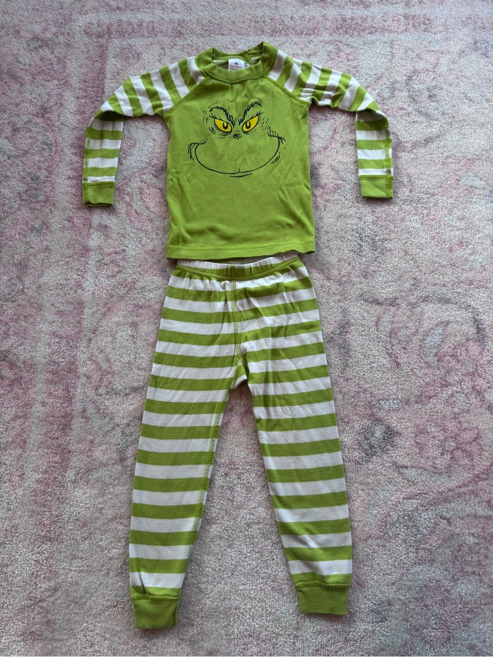 Hanna Andersson Kids Green Striped Grinch Face Pajama Set (Size 4)